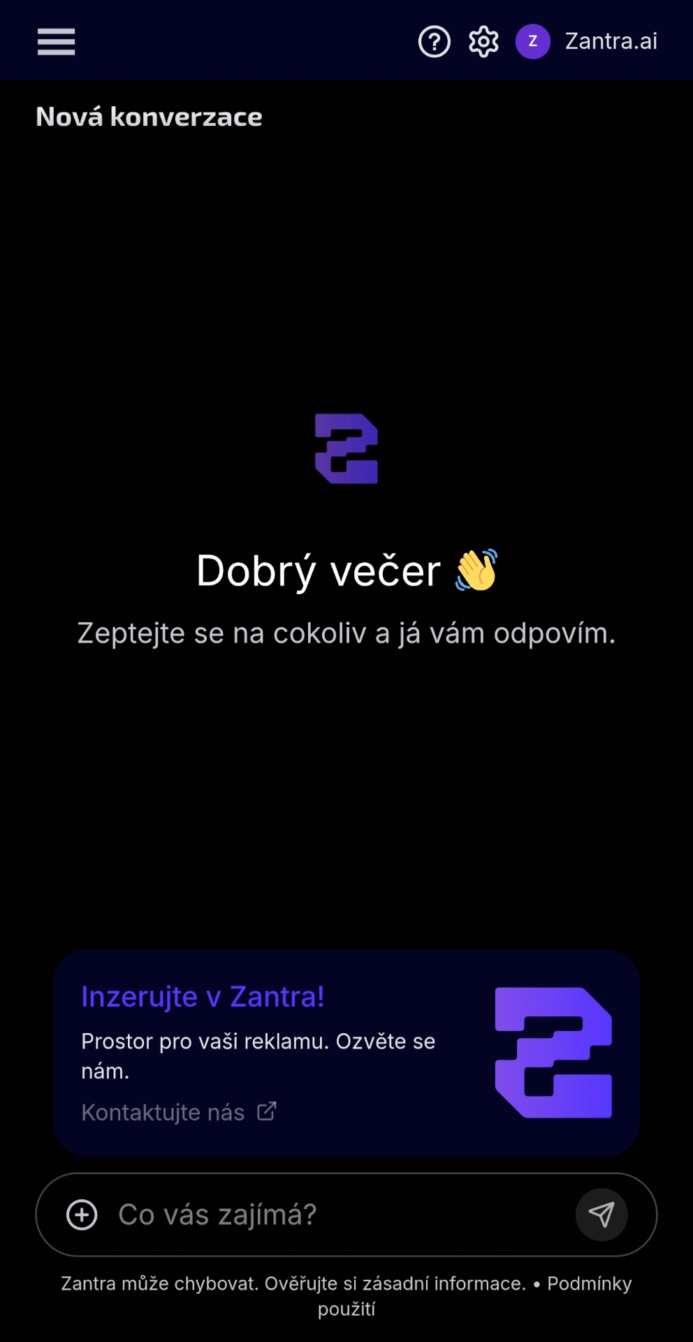Úvodní obrazovka aplikace Zantra AI s čistým chatovacím rozhraním