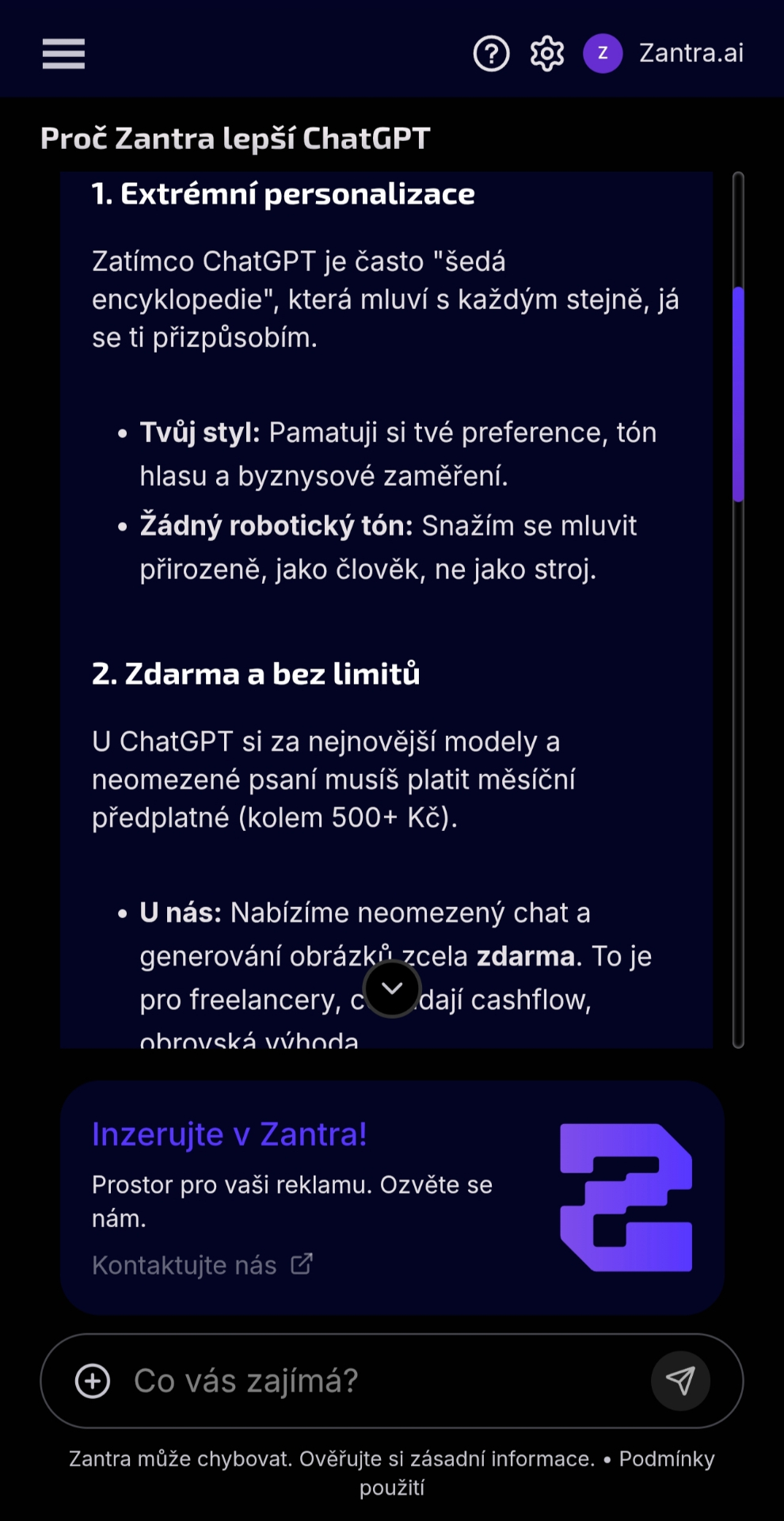 Ukázka odpovědi Zantry porovnávající personalizaci a výhody oproti běžné AI