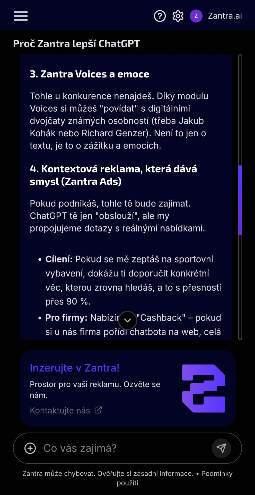 Ukázka kontextové odpovědi v aplikaci Zantra AI se sekcí Zantra Ads