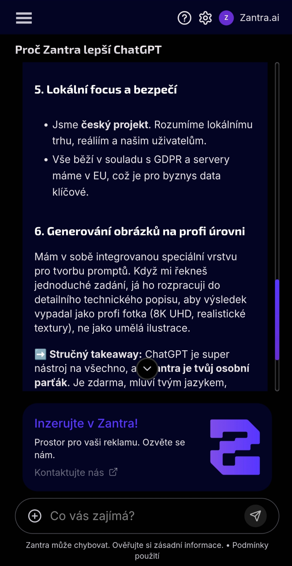 Ukázka benefitů Zantra AI včetně lokálního focusu, bezpečí a generování obrázků