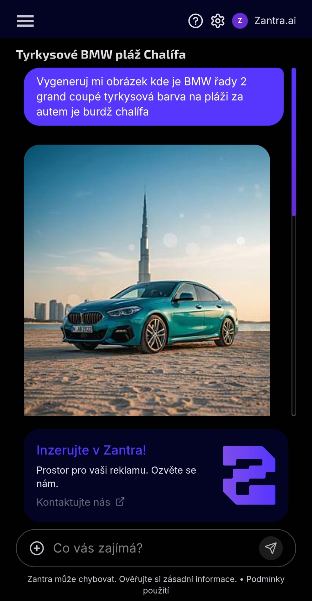 Ukázka vygenerovaného obrázku v chatu Zantra AI